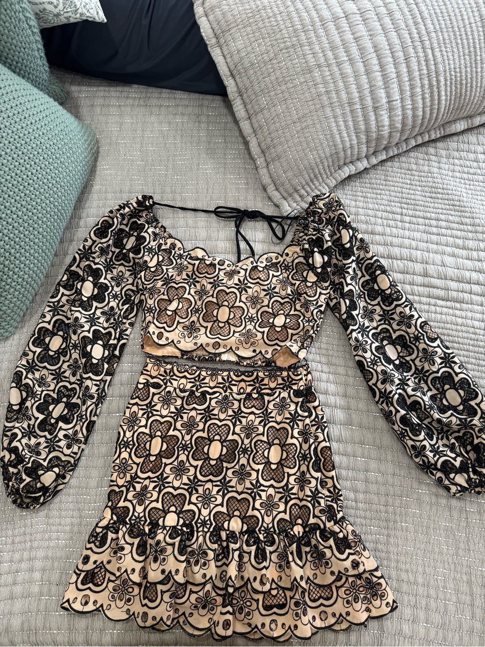 Black & Cream Floral Two-Piece Skirt Set